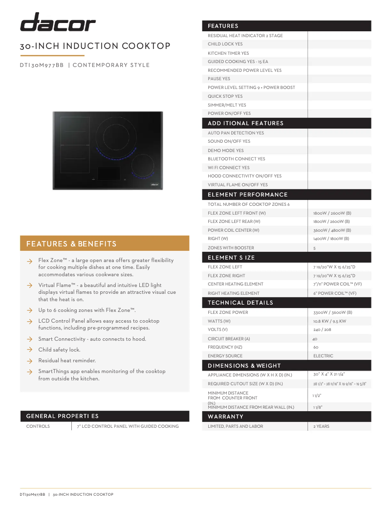 Page 1 of the manual Technical Sheet Dacor DTI30M977BB