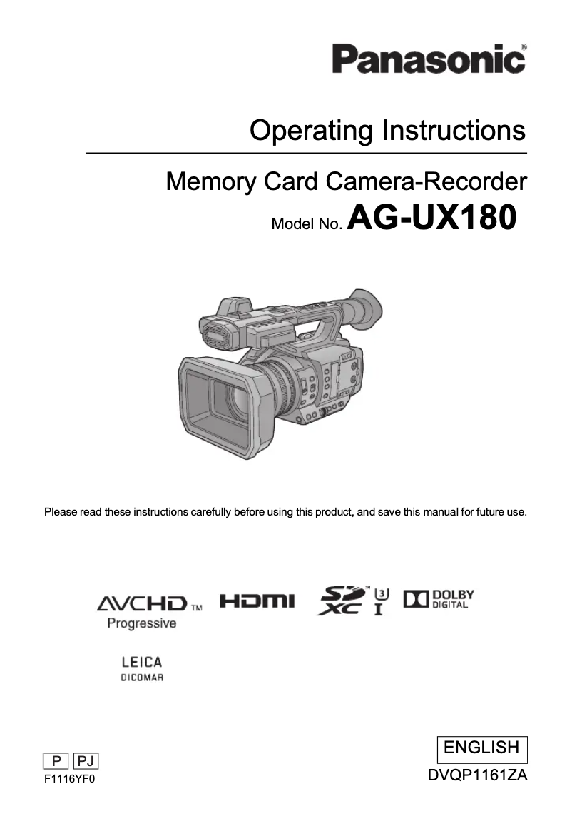 Page 1 of the manual User Manual Panasonic AG-UX180