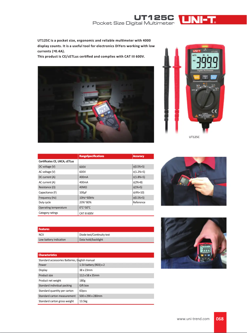 Page 1 de la notice Manuel utilisateur Uni-T UT125C