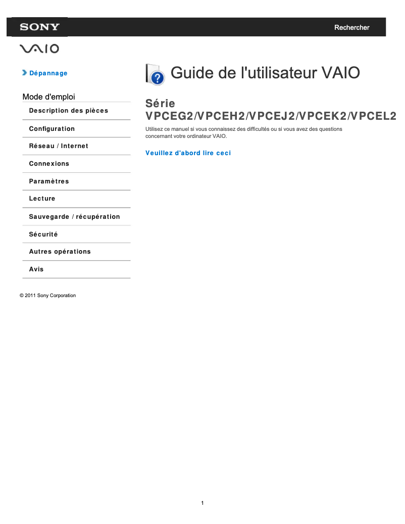 First page image of the manual for Vaio VPCEH21