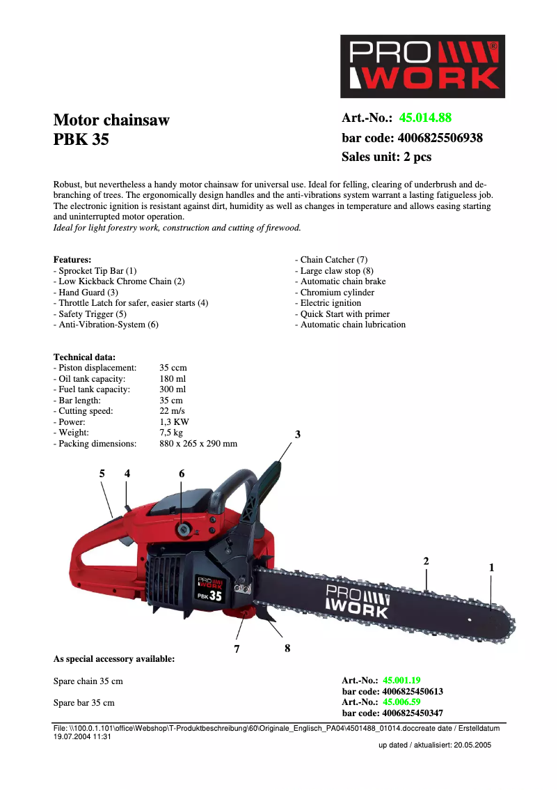 Page 1 of the manual Technical Sheet Prowork PBK 35