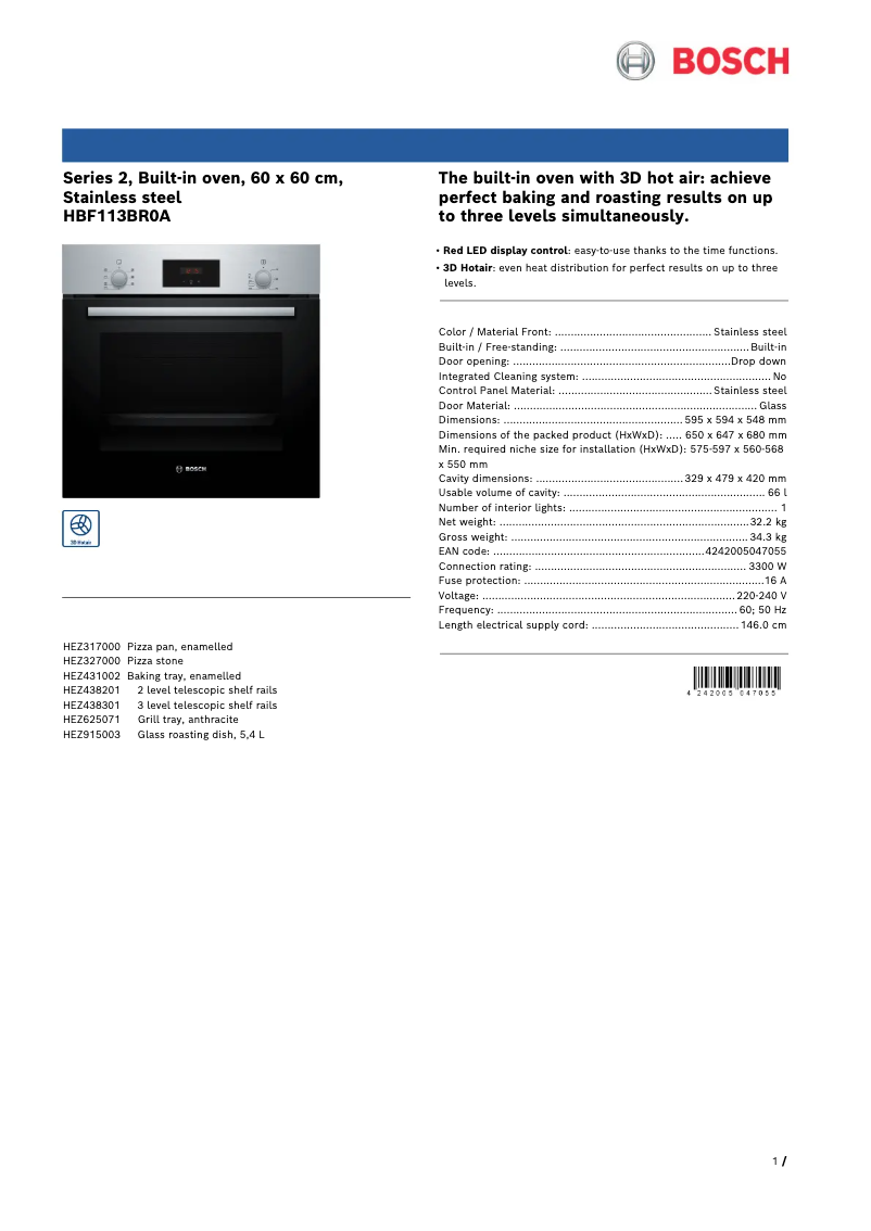 Page 1 of the manual Technical Sheet Bosch HBF113BR0A