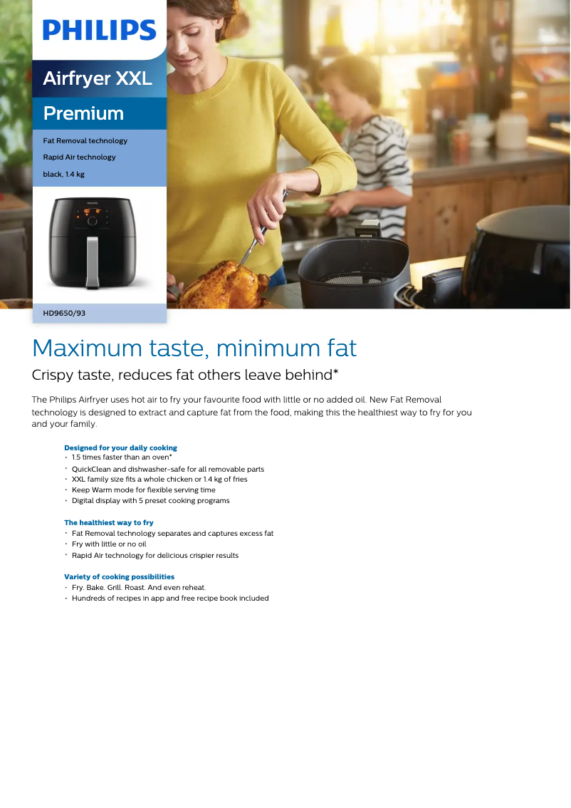 Page 1 of the manual Technical Sheet Philips Avance Collection Airfryer XXL HD9650