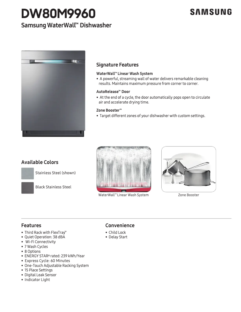 Page 1 of the manual Technical Sheet Samsung DW80M9960U