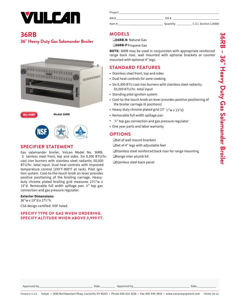 Page 1 of the manual Technical Sheet Vulcan 36RB