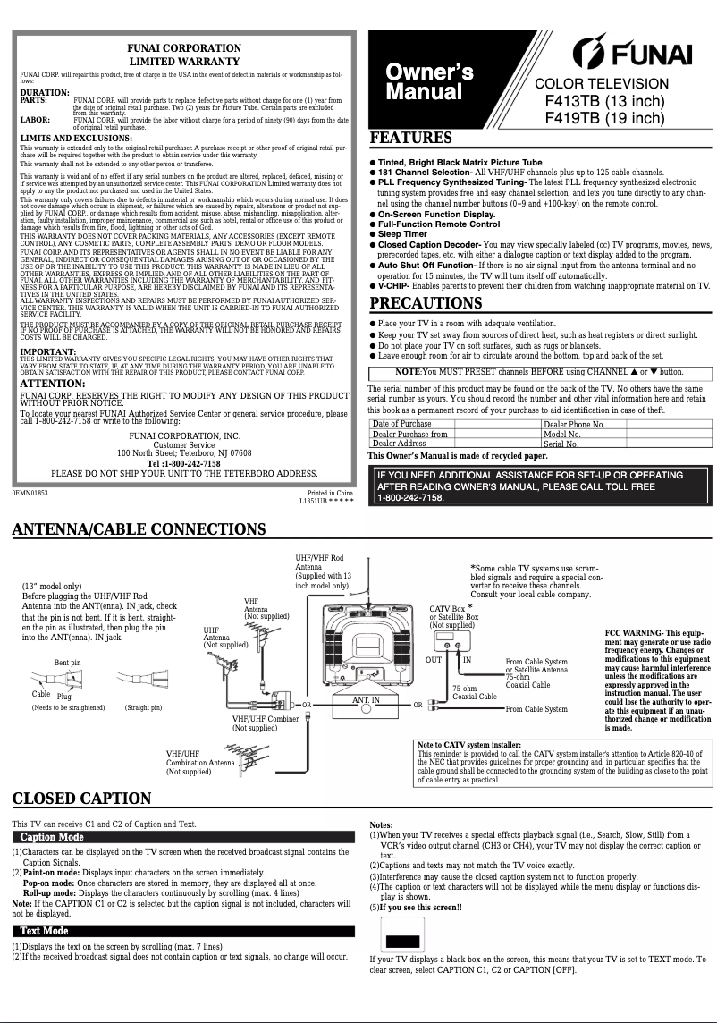 Page 1 of the manual User Manual Funai F419TB