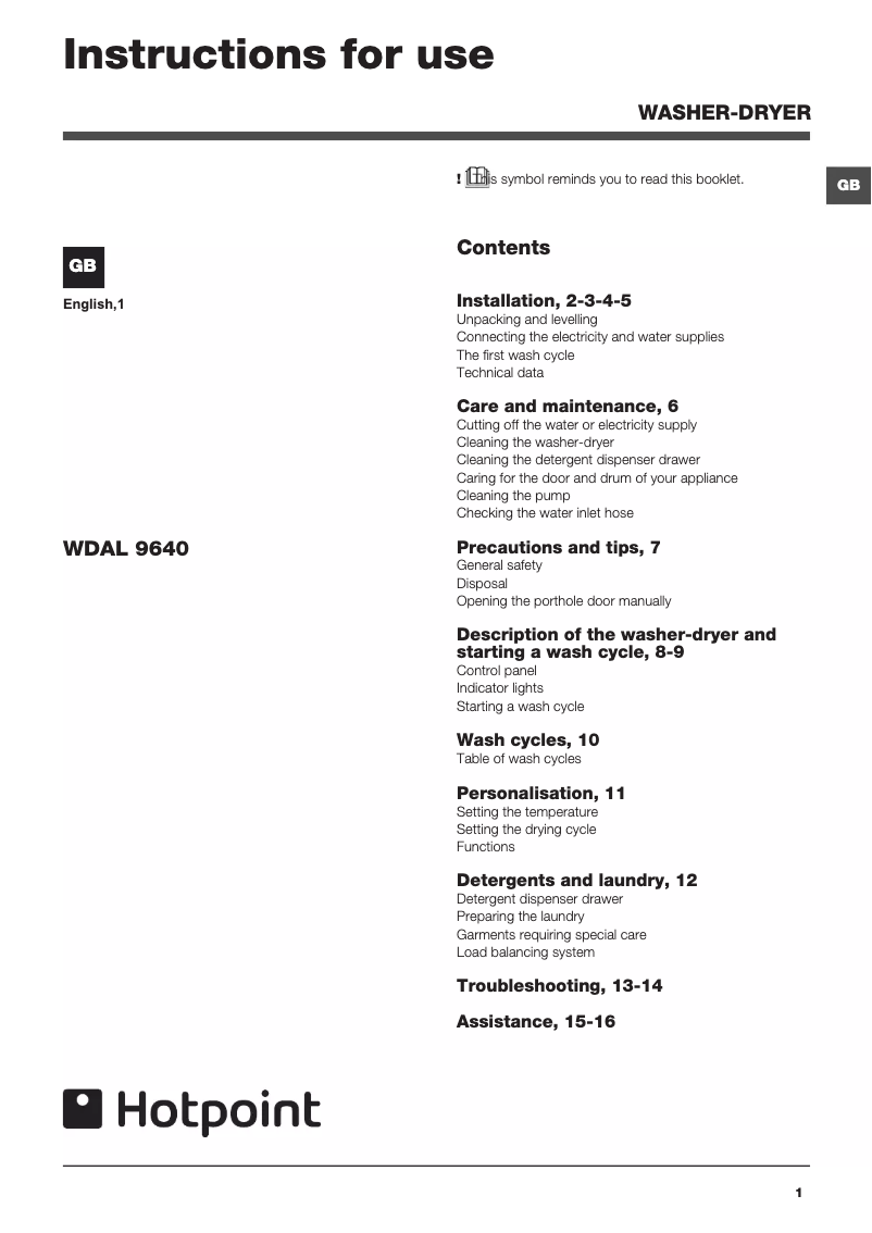 First page image of the manual for WDAL9640G