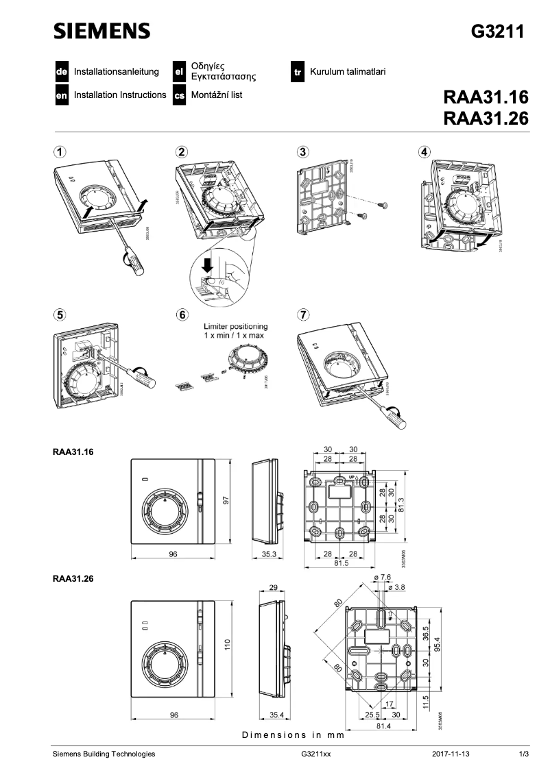 Page 1 of the manual User Manual Siemens RAA31.26