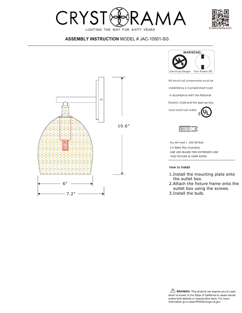 Page 1 of the manual User Manual Crystorama Jace JAC-10501-SG