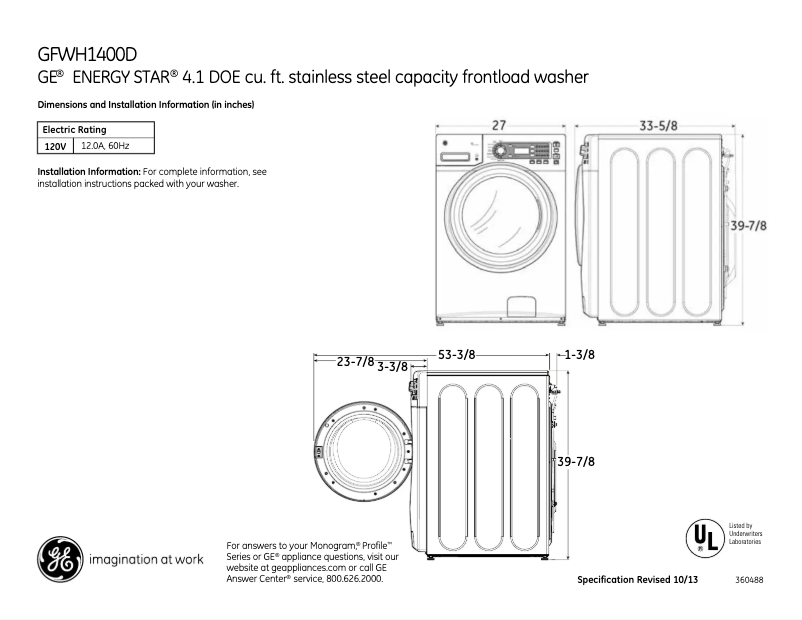 First page image of the manual for GFWH1400DWW