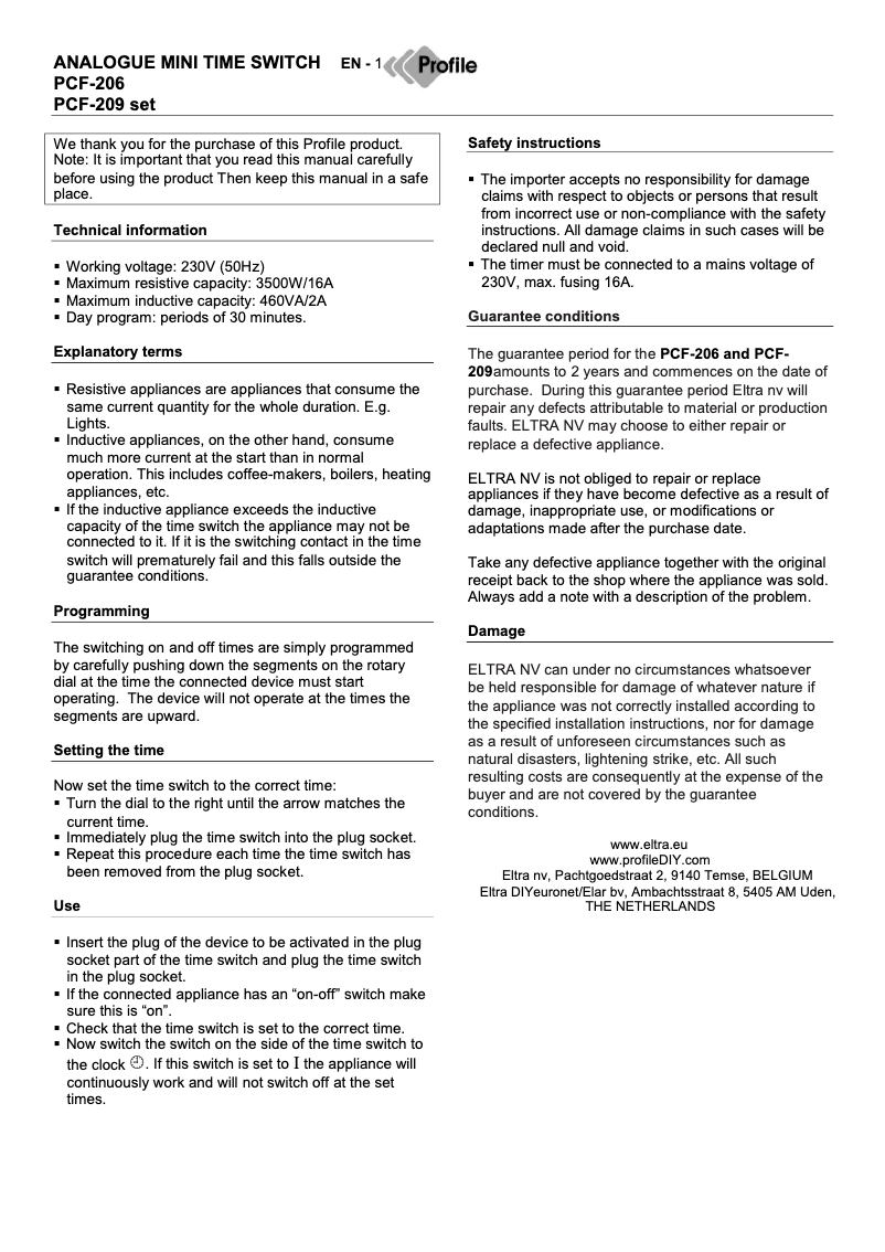 First page image of the manual for PCF-209 Set