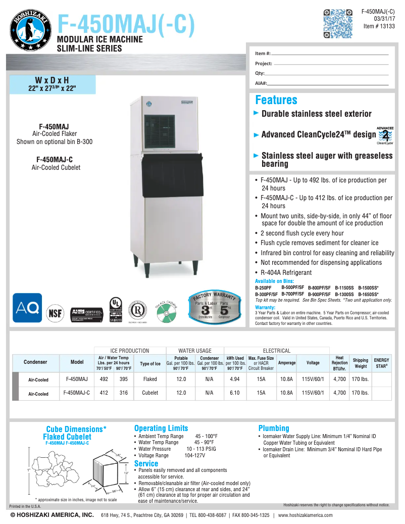 Page 1 of the manual Technical Sheet Hoshizaki F-450MAJ
