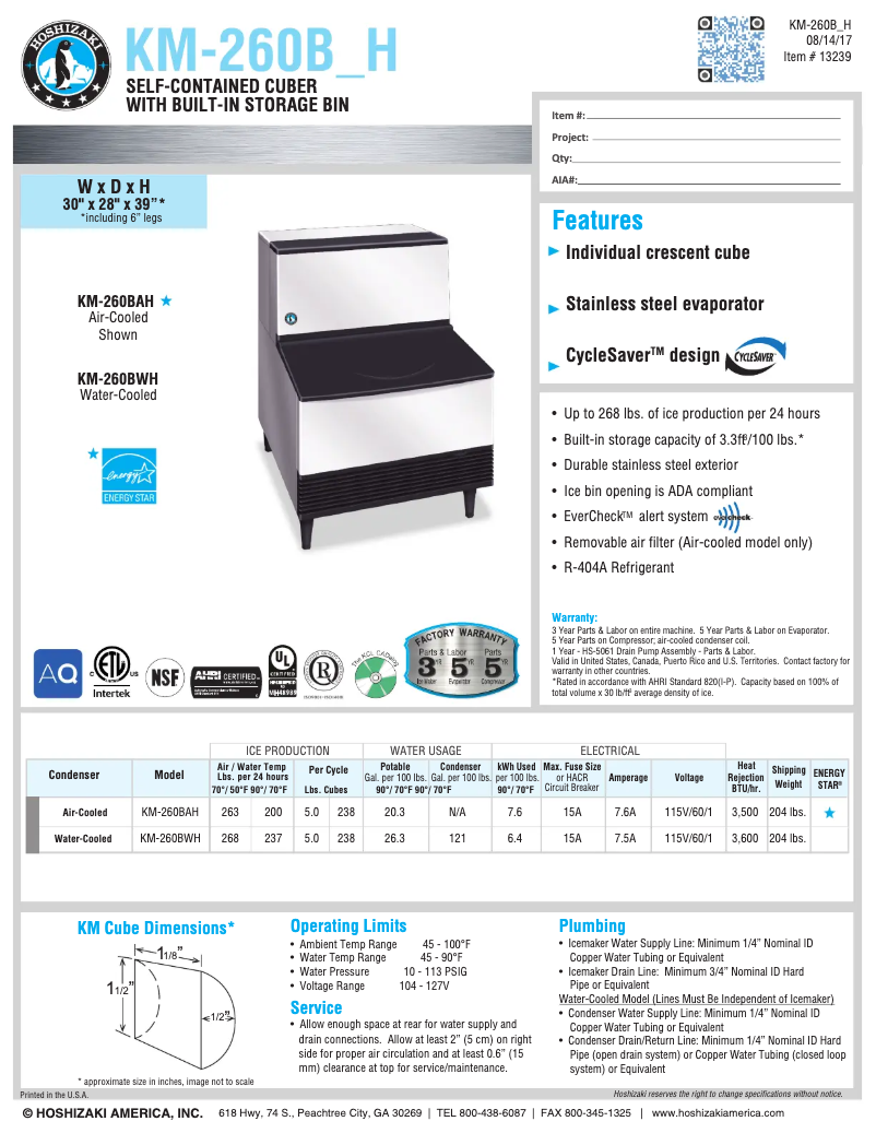 Page 1 of the manual User Manual Hoshizaki KM-260BAH