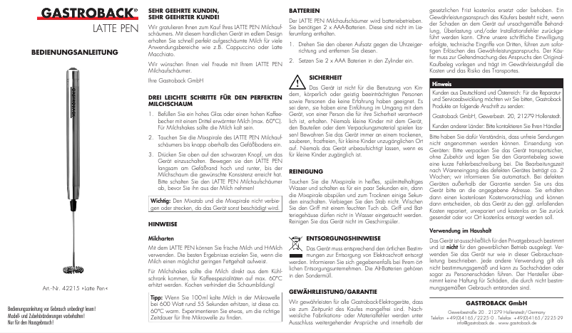 Page 1 of the manual User Manual Gastroback 42215