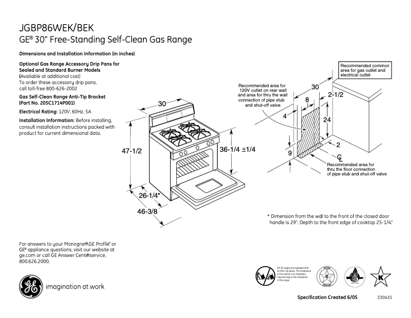 Page 1 of the manual Technical Sheet GE JGBP86WEKWW