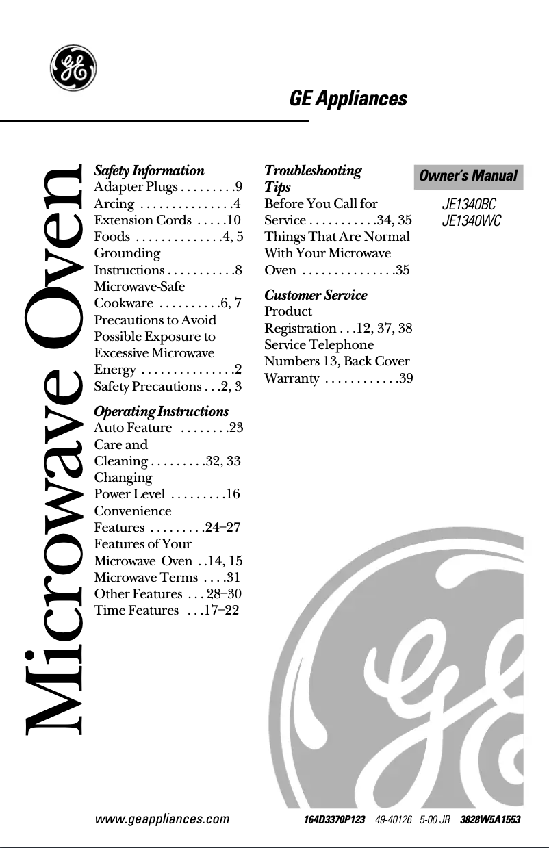 Page 1 of the manual Use and Maintenance Manual GE JE1340WC