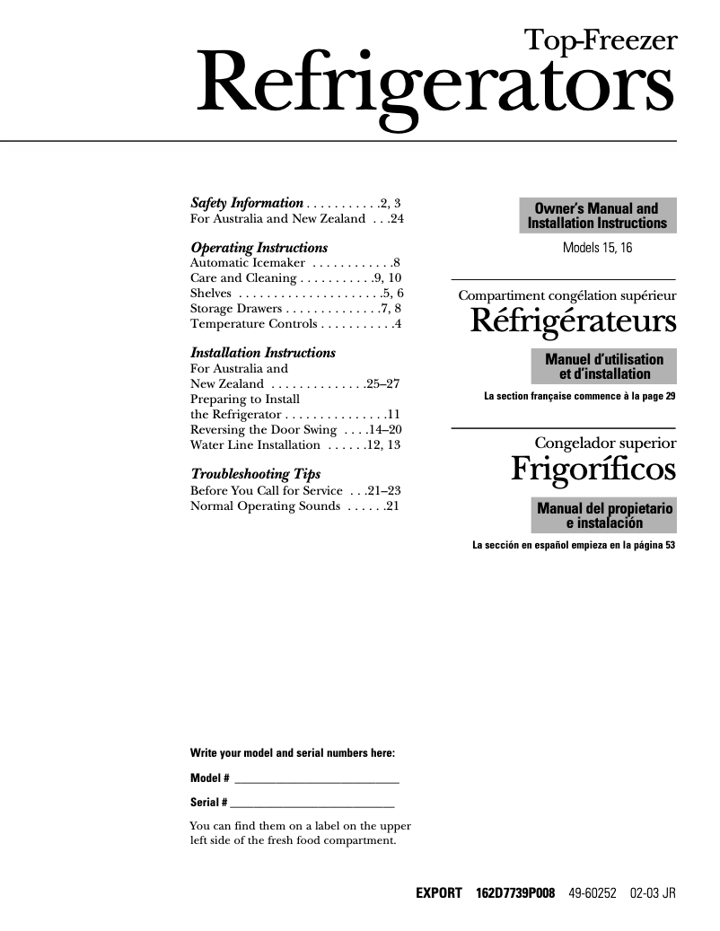 First page image of the manual for GTG15HBMWW