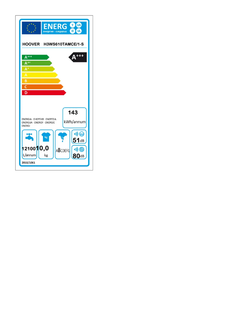 Page 1 of the manual Energy Label Hoover H3WS610TAMCE/1-S