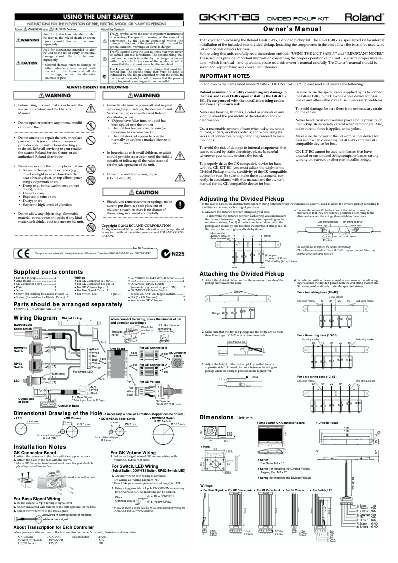 Page 1 of the manual User Manual Roland GK-KIT-BG