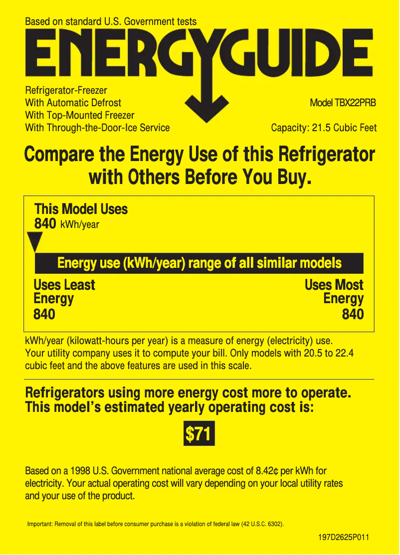 Page 1 of the manual Energy Label GE Profile TBX22PRBRWW