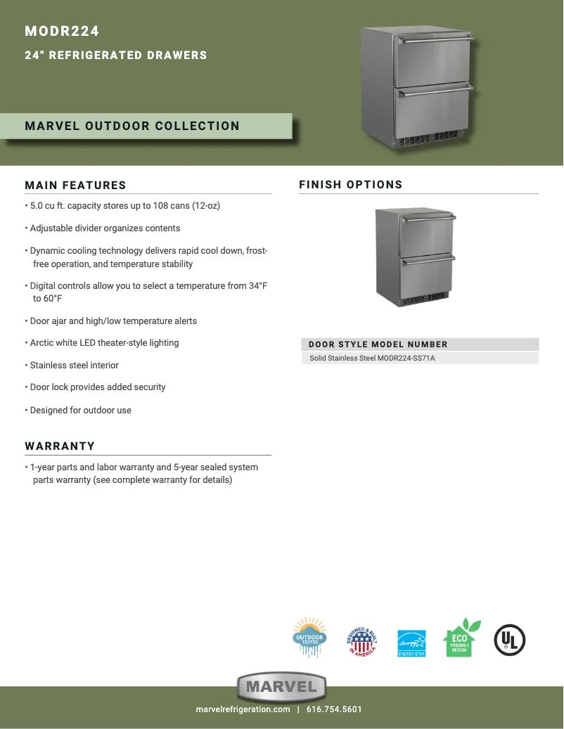 Page 1 of the manual Technical Sheet Marvel MODR224SS71A