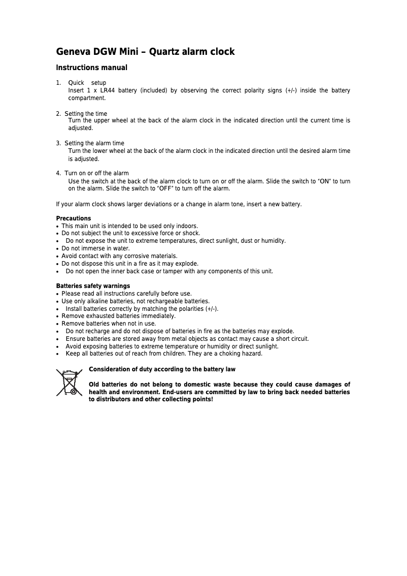 First page image of the manual for Geneva DGW Mini