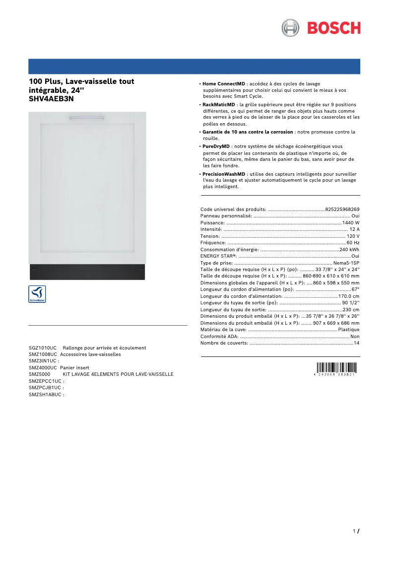 Page 1 of the manual Technical Sheet Bosch SHV4AEB3N