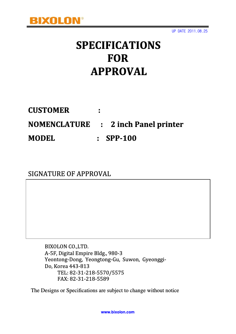 Page 1 of the manual User Manual Bixolon SPP-100
