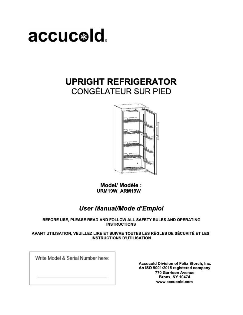 Page 1 of the manual User Manual Accucold URM19W