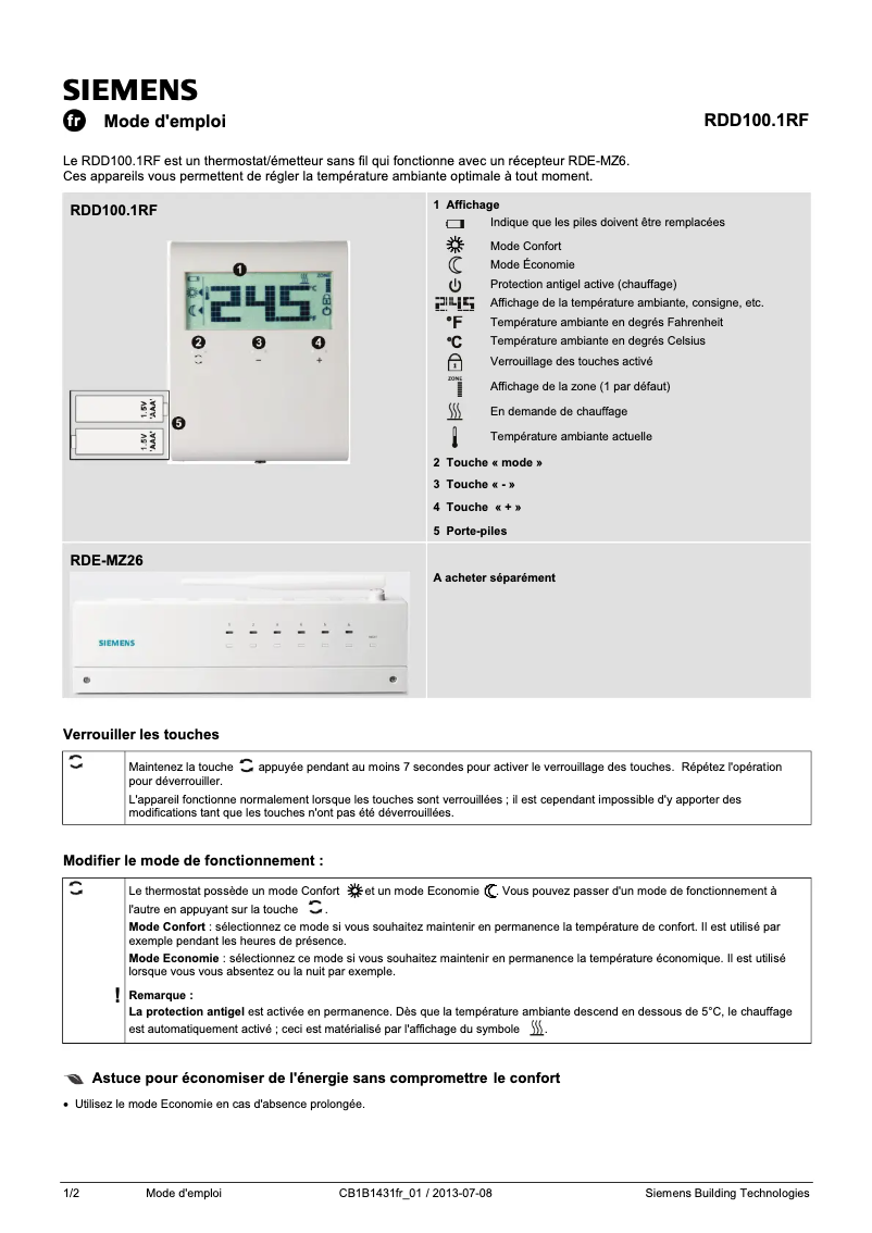 Page 1 of the manual User Manual Siemens RDD100.1RF