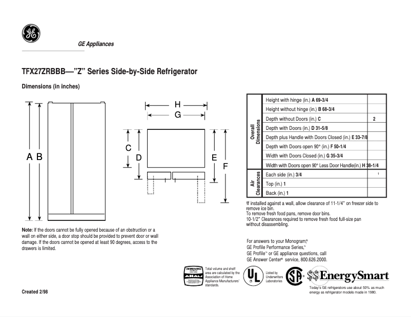 Page 1 of the manual Technical Sheet GE TFX27ZRBBB