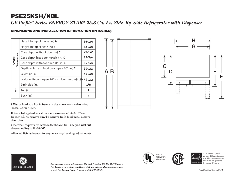Page 1 of the manual Technical Sheet GE Profile PSE25KBLTS