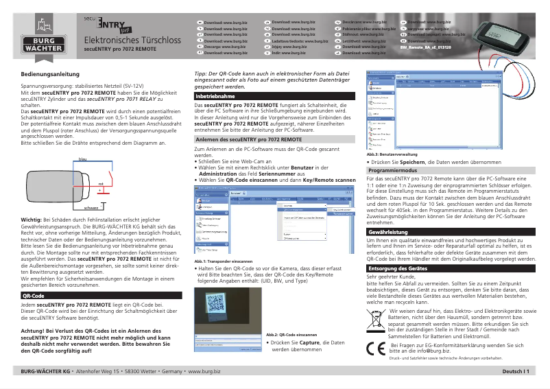 Page 1 of the manual User Manual Burg Wächter ENTRYpro 7072 REMOTE