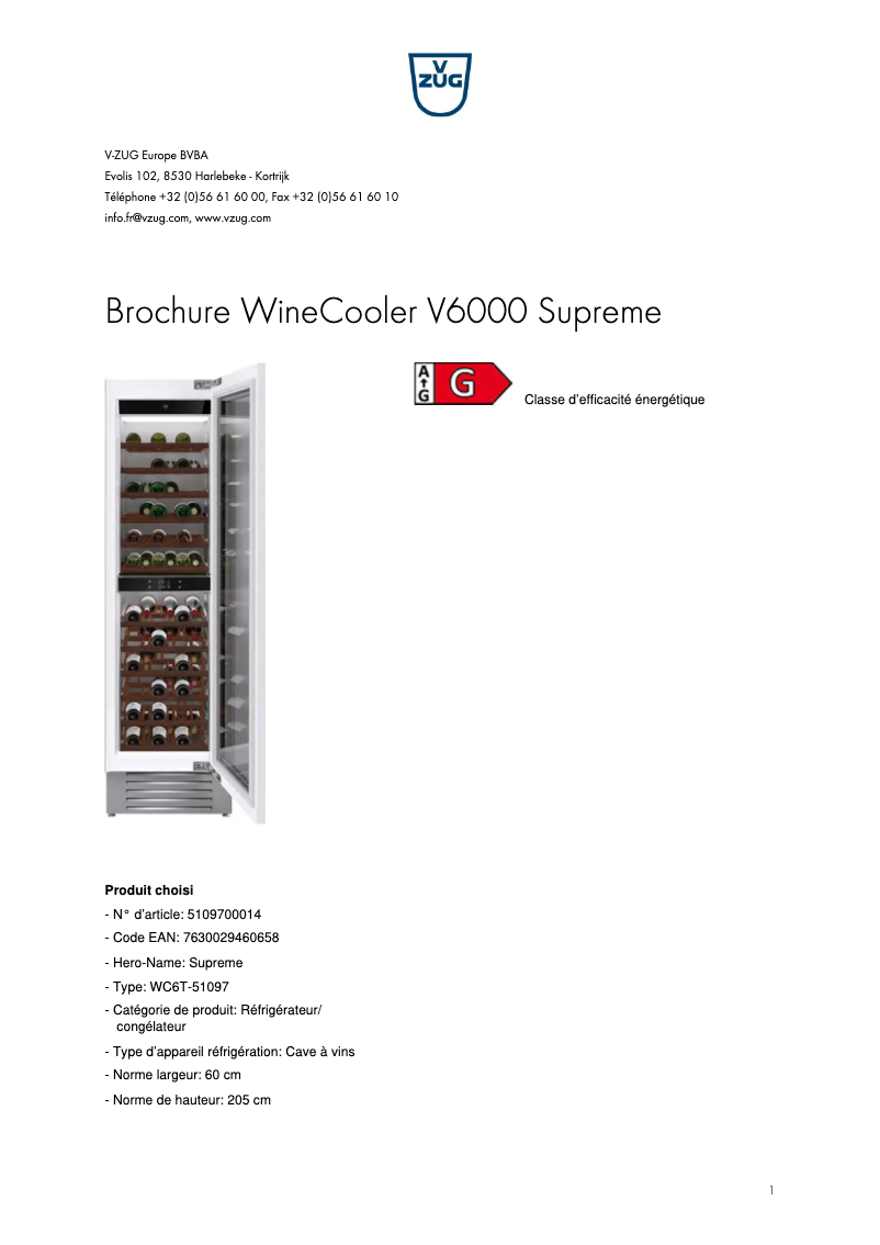 Page 1 of the manual Brochure V-Zug WineCooler V6000 Supreme