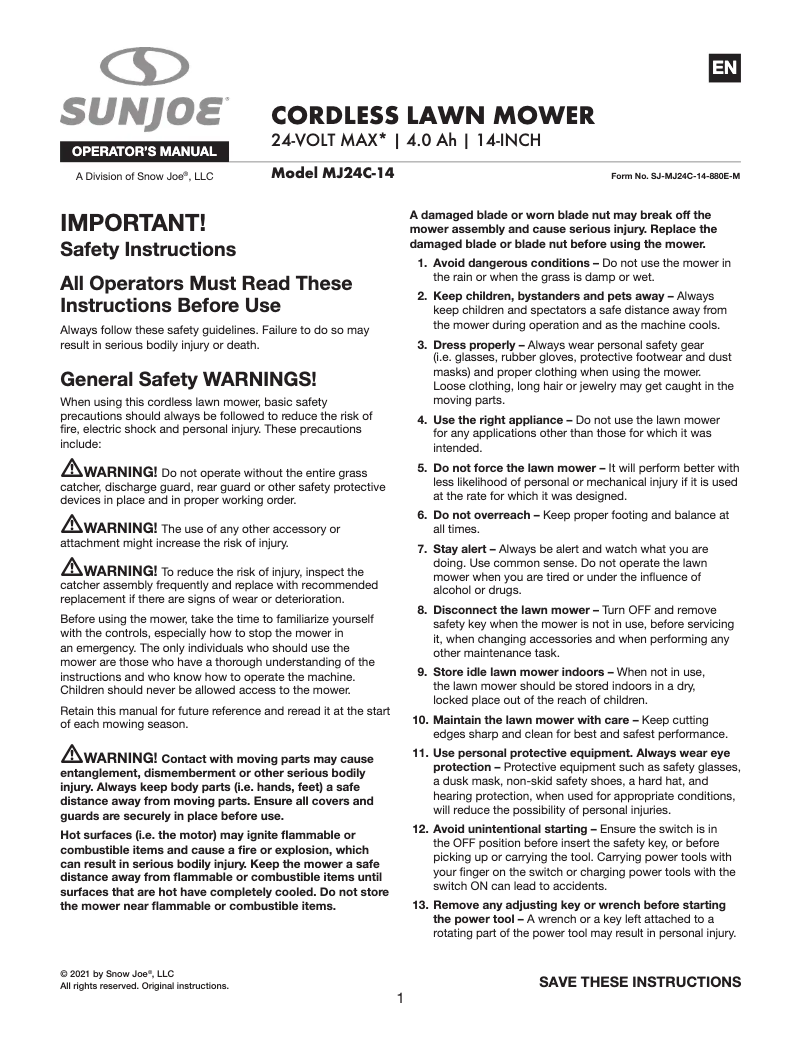 Page 1 of the manual User Manual Sun Joe MJ24C-14
