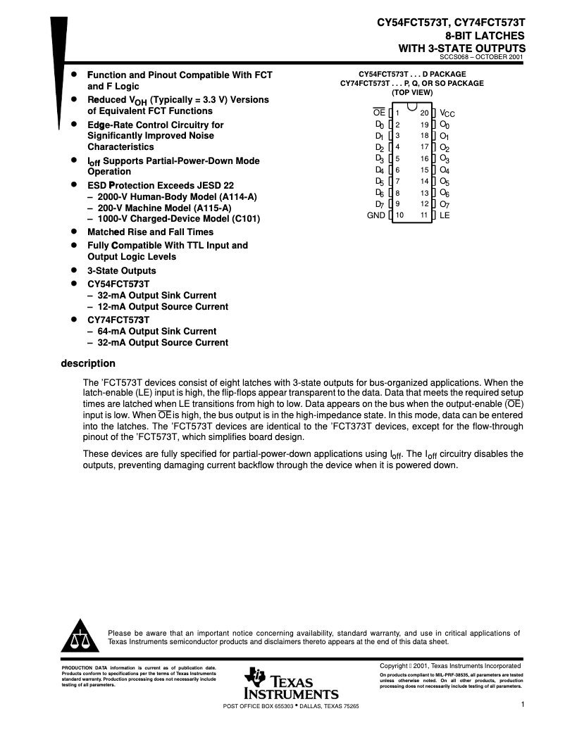 Page 1 of the manual User Manual Texas Instruments CY74FCT573ATSOC