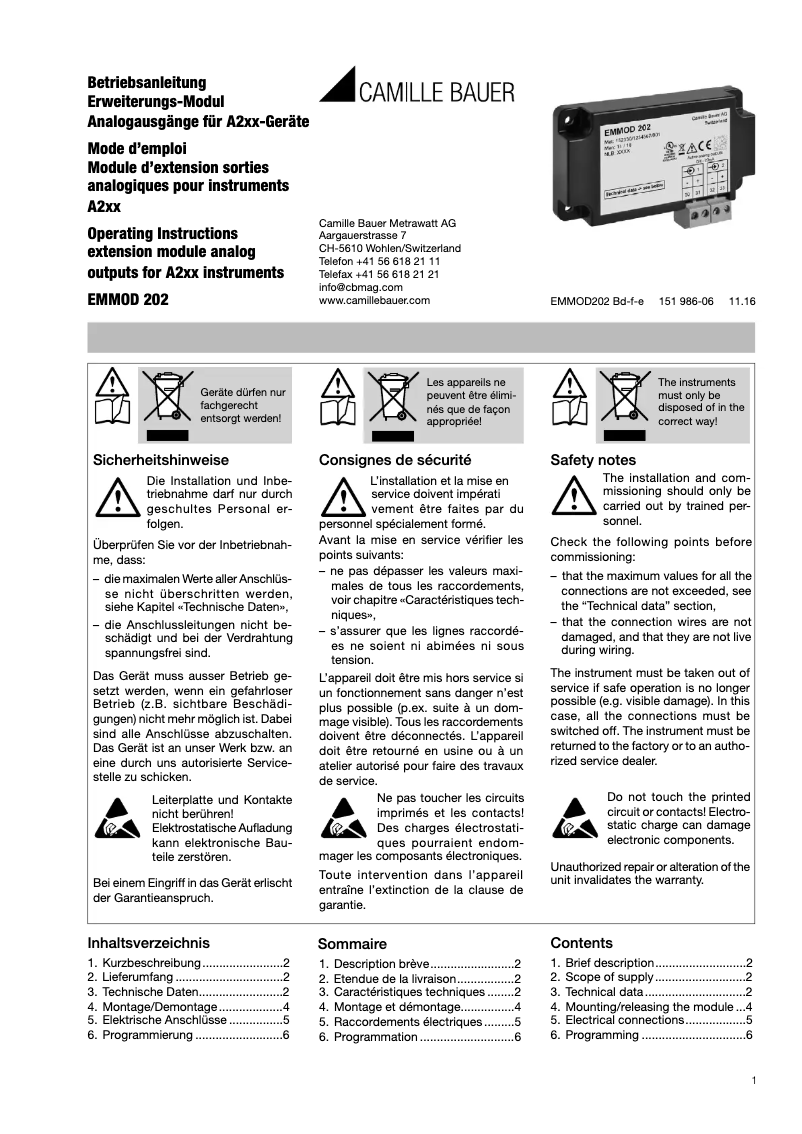 Page 1 of the manual User Manual Camille Bauer EMMOD202