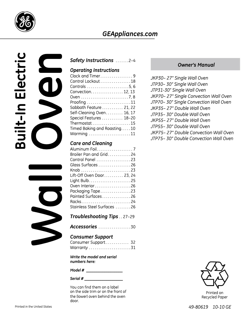 First page image of the manual for JKP75DPWW