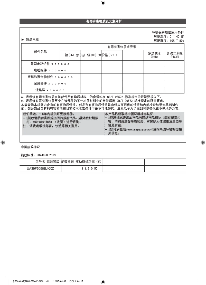 Page 1 of the manual User Manual Samsung UA39F5090BJ