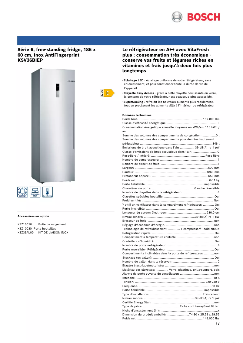Page 1 of the manual Technical Sheet Bosch KSV36BIEP