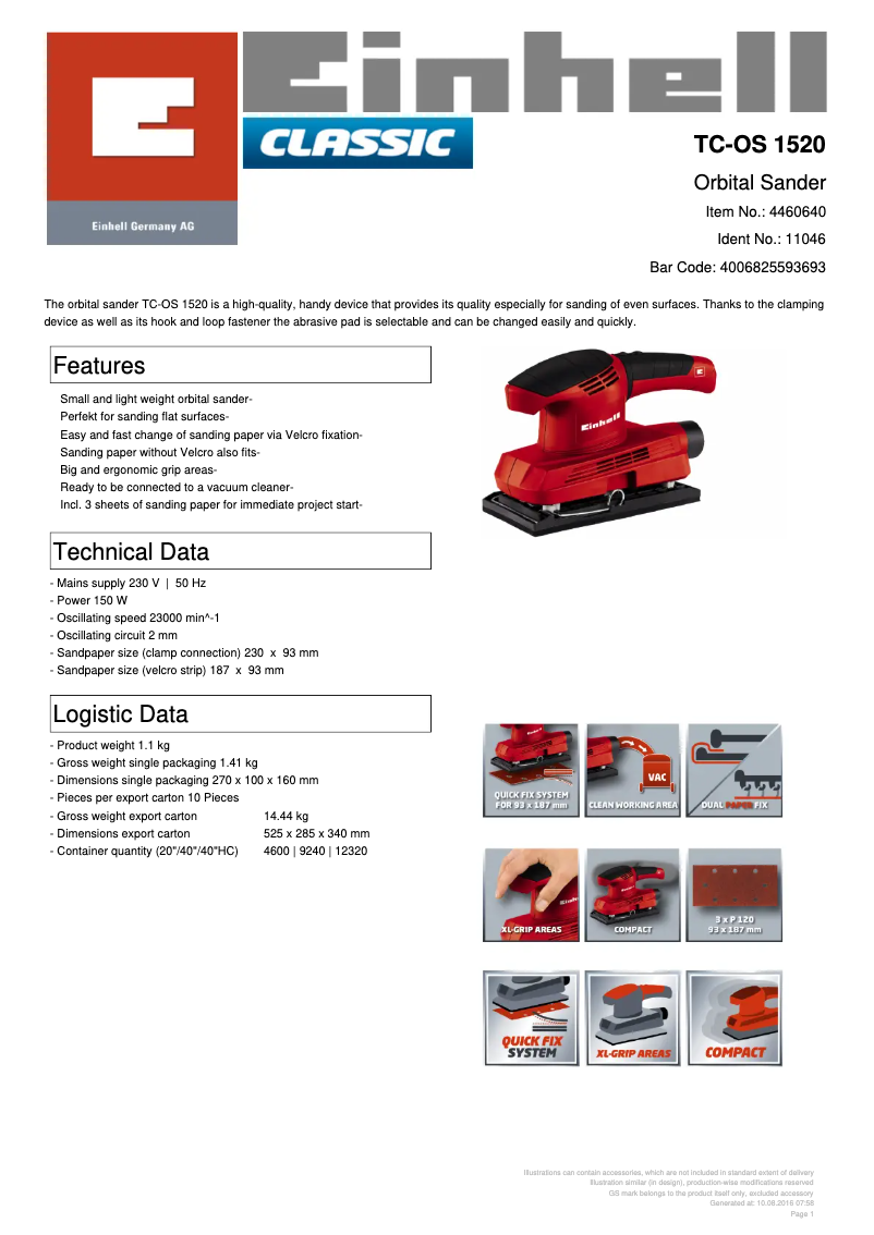 Page 1 of the manual Technical Sheet Einhell TC-OS 1520