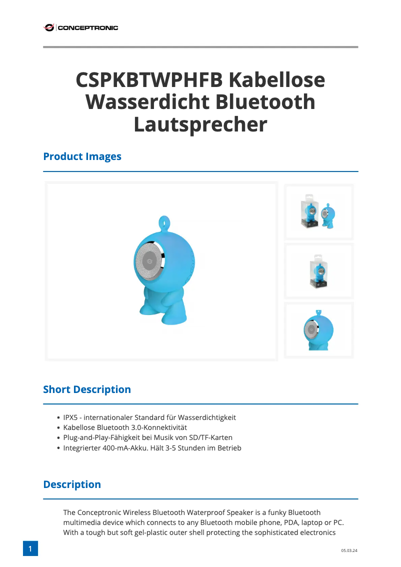 Page 1 of the manual Technical Sheet Conceptronic CSPKBTWPHFB