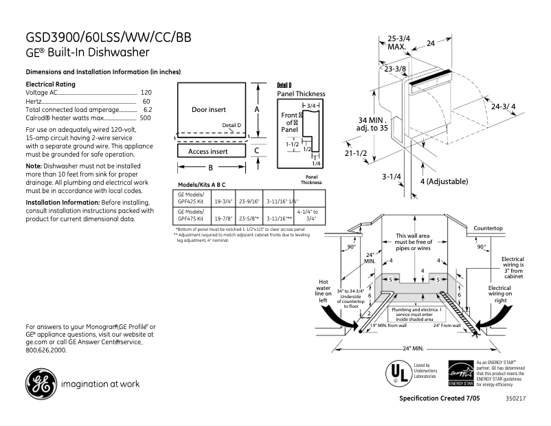 Page 1 of the manual Technical Sheet GE GSD3900LWW