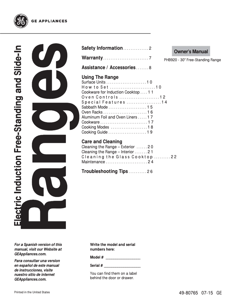 Page 1 of the manual User Manual GE Profile PHB920SJSS
