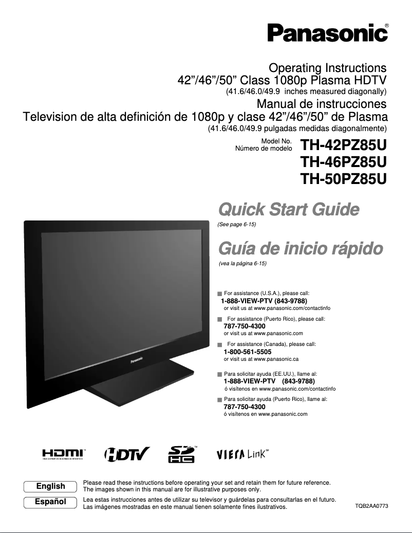First page image of the manual for Viera TH-46PZ85U