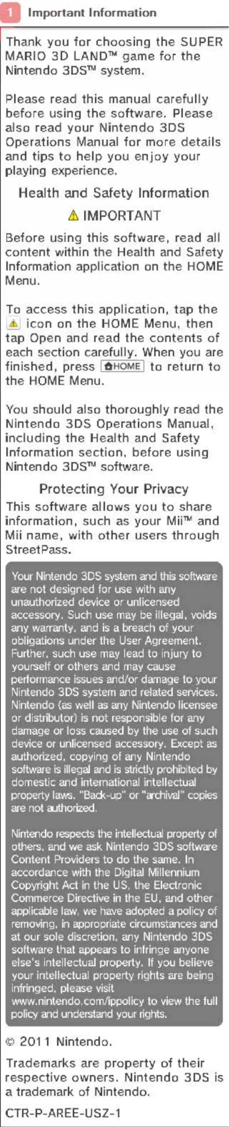 First page image of the manual for Mario 3D Land Super (3DS)