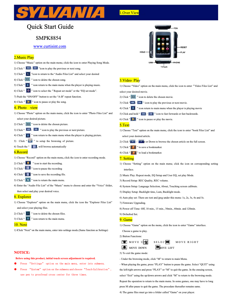 First page image of the manual for SMPK8854