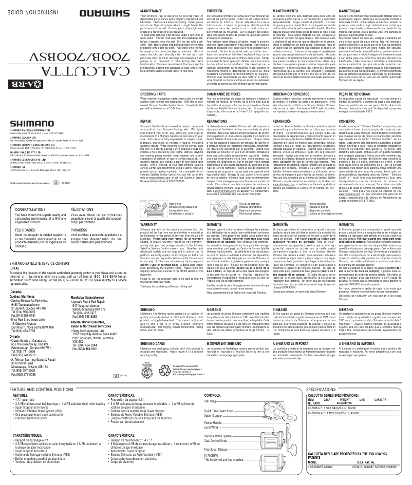 Page 1 of the manual User Manual Shimano Calcutta 700B