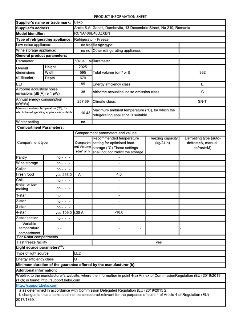 Page 1 of the manual Technical Sheet Beko RCNA406E40DZXBN