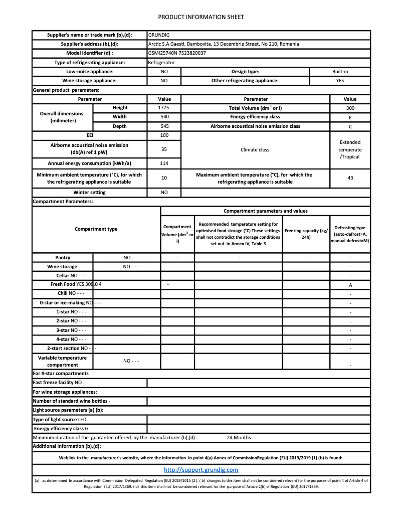 Page 1 of the manual Technical Sheet Grundig GSMI25740N
